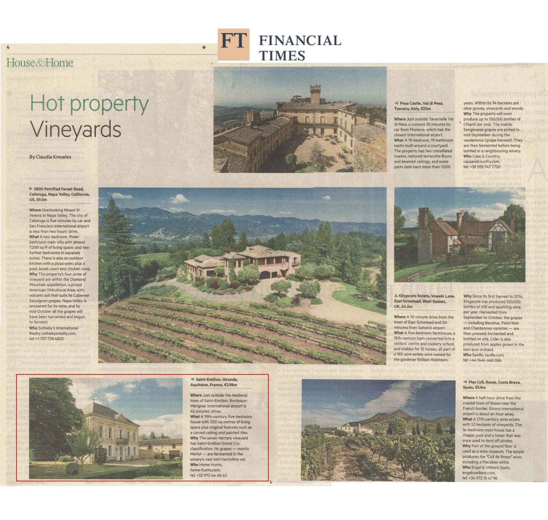 Financial Times – Hot property – 5 vineyards for sales from around the world